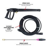Included items with Kranzle K1622 TS Pressure Washer Base Package: professional gun-jet lance, 33' wire braided hose, gauge, safety coupler screw connections, and the Kranzle industrial Vario-jet (high pressure wash/soap) nozzle.