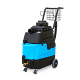 Side angle view of Mytee 8070 heated carpet extractor showing 6 inch rear wheels