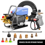 The Rightlook.com Deluxe package for the Kranzle K1622 pressure washer, featuring upgraded hose, foam cannon, and fittings. Kranzle K1622 unit with hose, foam cannon, gun, and nozzle accessories.